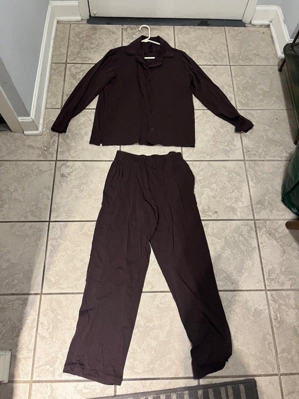 SKIMS Button-Up Shirt and Wide-Leg Pants Set in Deep Plum